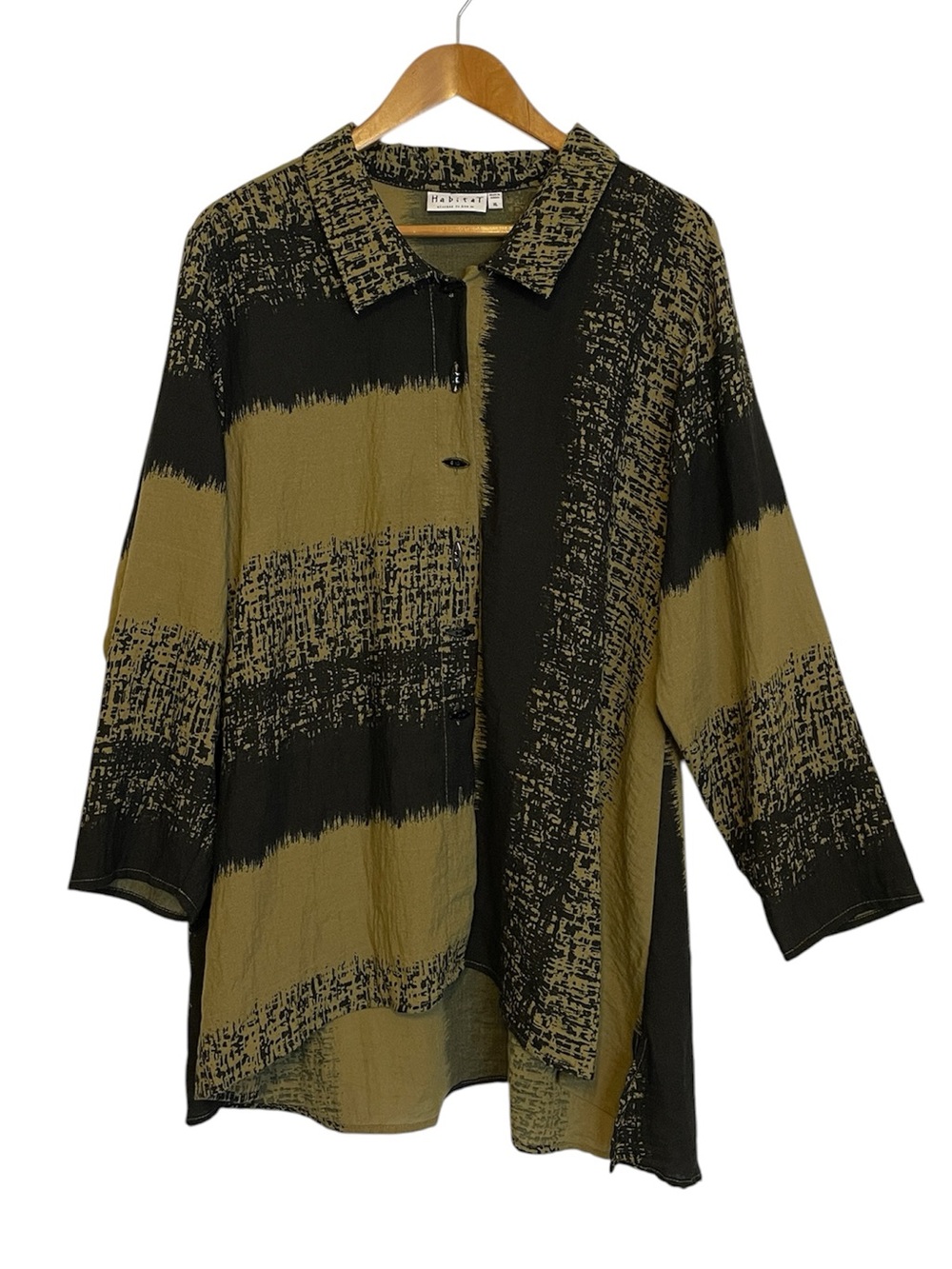 Habitat Clothes To Live In Button Down Tunic Top Lagenlook Olive Green/Black XL
